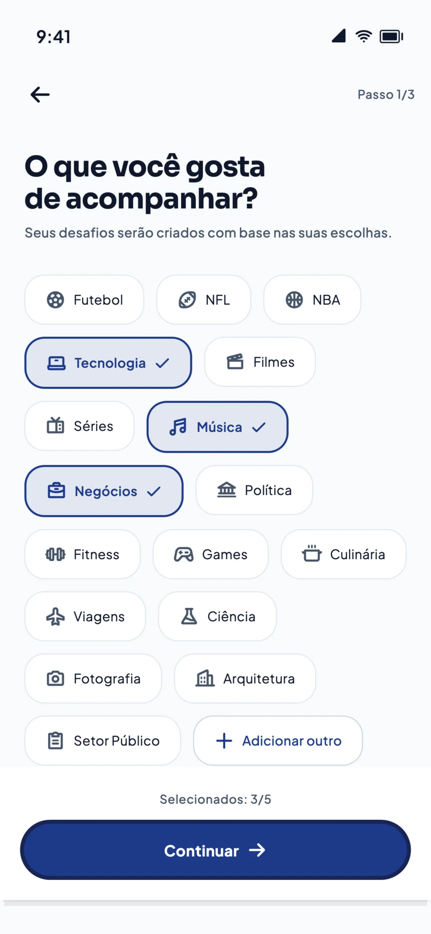 Tela de escolha de temas: tecnologia, negócios e música selecionados